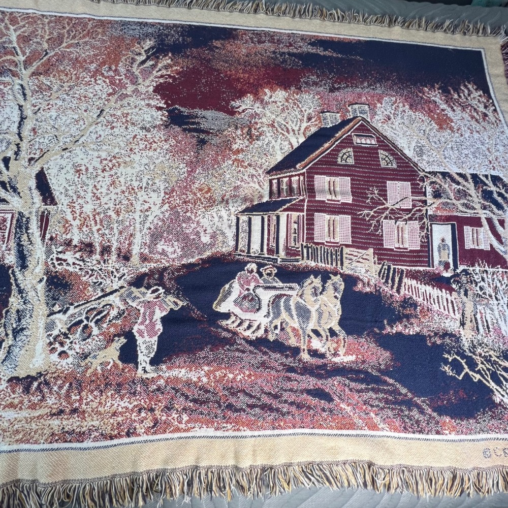 Vintage Winter Sleigh Scene Woven Tapestry Throw Blanket USA 48x60 Countryside - Picture 7 of 8